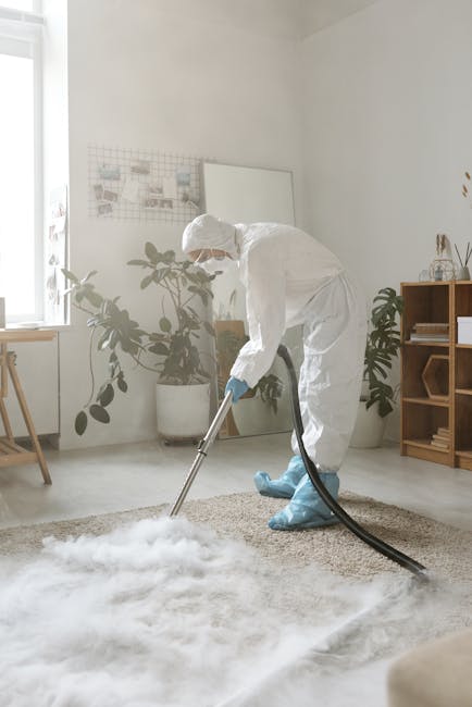 A person dressed in full protective cleaning gear, including a white suit, gloves, face mask, and shoe covers, is using a professional extraction vacuum cleaner on a beige carpet in a bright, modern living room. The room features white walls, a window with natural light, and decorative plants in white pots. There is a wooden chair to the left, a wall-mounted wire grid with photos or notes, and a wooden shelving unit on the right with decorative items and storage boxes. The scene depicts thorough, surface cleaning and deep carpet sanitisation, illustrating the professional services provided by Finchley Carpet Cleaning for domestic cleaning and maintenance.